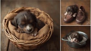 A Puppy Sleeping in a Pan in the Kitchen