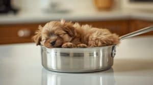 A Puppy Sleeping in a Pan in the Kitchen
