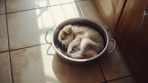 A Puppy Sleeping in a Pan in the Kitchen